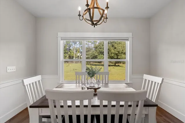 a view of a dining room with furniture window and outside view