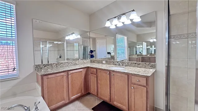 a bathroom with a granite countertop sink a large mirror and a shower