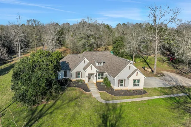 a aerial view of house with yard and green space