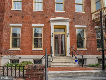 a front view of a brick building