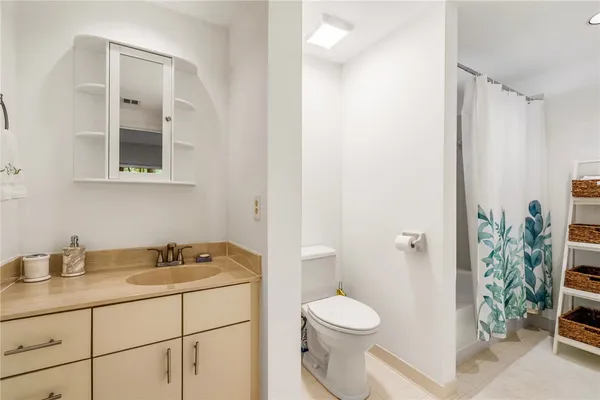 a bathroom with a sink a toilet and shower