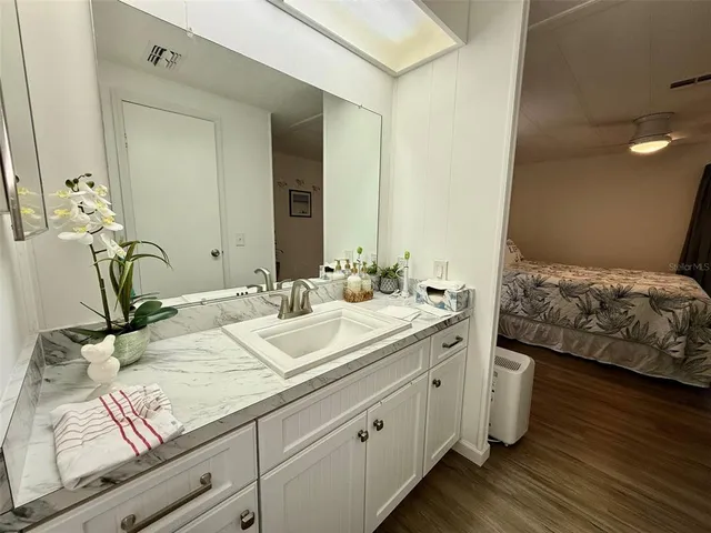 a bathroom with a sink and a mirror