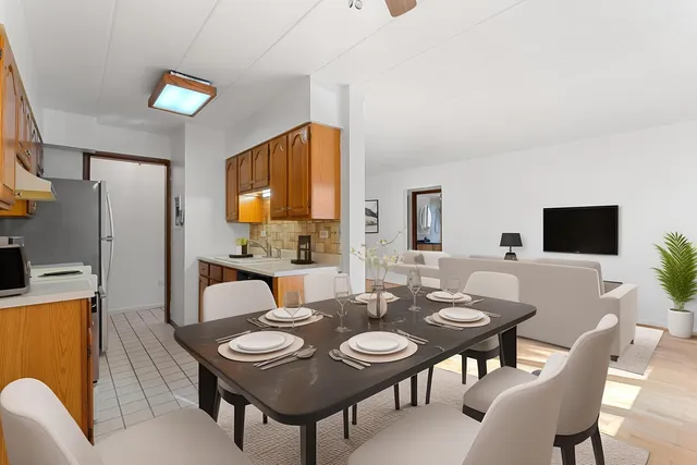 a view of a dining room with furniture