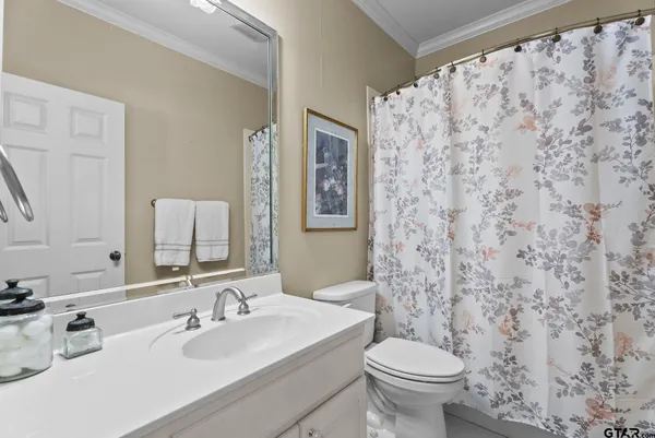 a bathroom with a granite countertop sink a toilet and a mirror