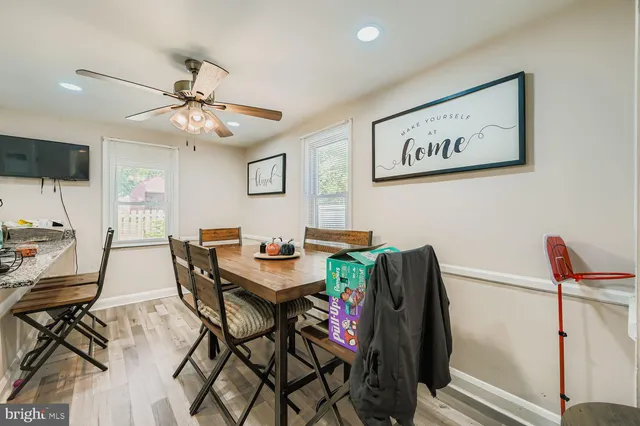 a view of a dining room with furniture