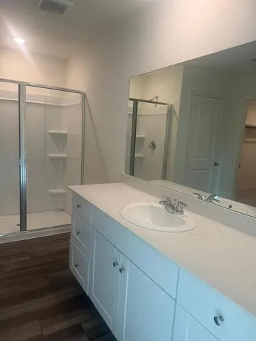 a bathroom with a sink and a mirror