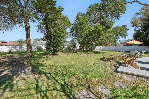 a garden view with a seating space
