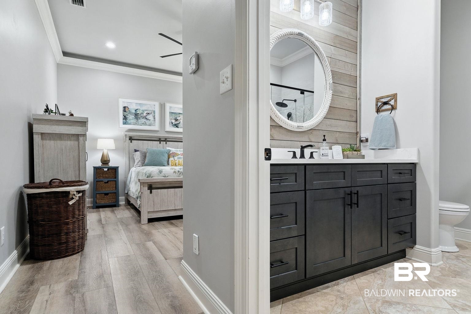 23357 Carnoustie Drive Foley, AL 36535 - Photo 67 of 99 Bathroom with ornamental molding, vanity, a shower, recessed lighting, and ensuite bath