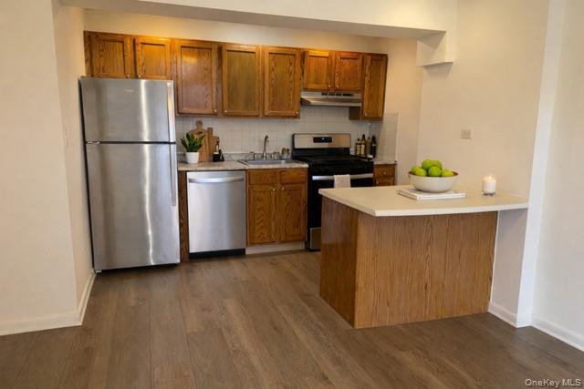 1307 Balcom Avenue Bronx, NY 10461 - Photo 18 of 26 a kitchen with a sink a refrigerator a microwave and cabinets