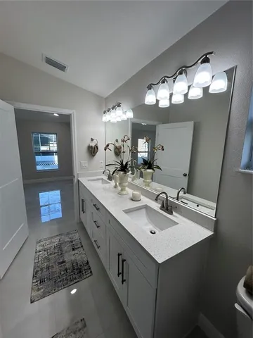 a bathroom with a sink double vanity and a mirror