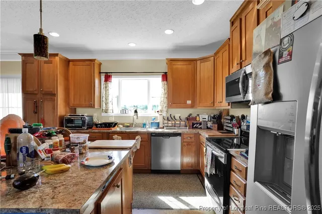 a view of a hallway with wooden shelves