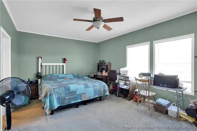 a bedroom with a bed and a ceiling fan