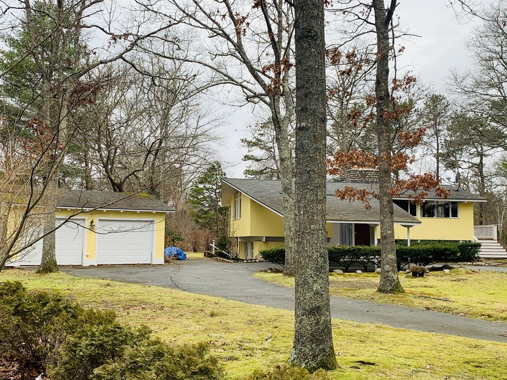 a front view of a house with a yard covered with trees