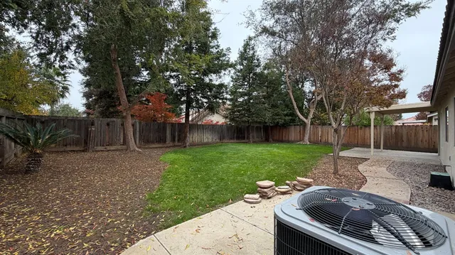a view of a backyard with table and chairs potted plants and large tree