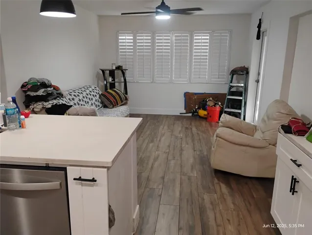 a view of a room with a window