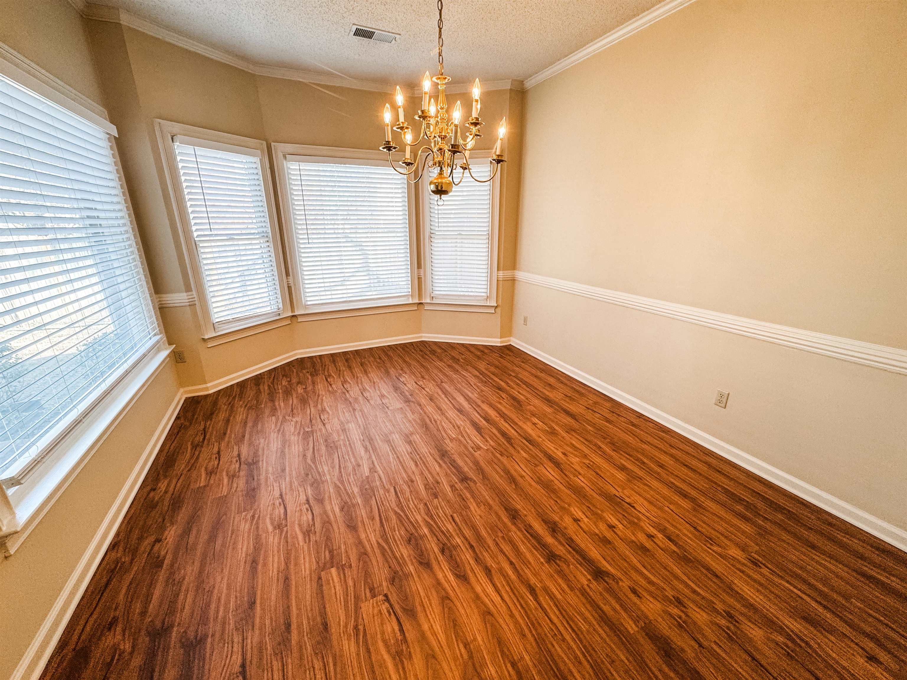 158 Eulas Ridge Cove Collierville, TN 38017 - Photo 8 of 18 Empty room with baseboards, visible vents, an inviting chandelier, dark wood-style flooring, and a textured ceiling