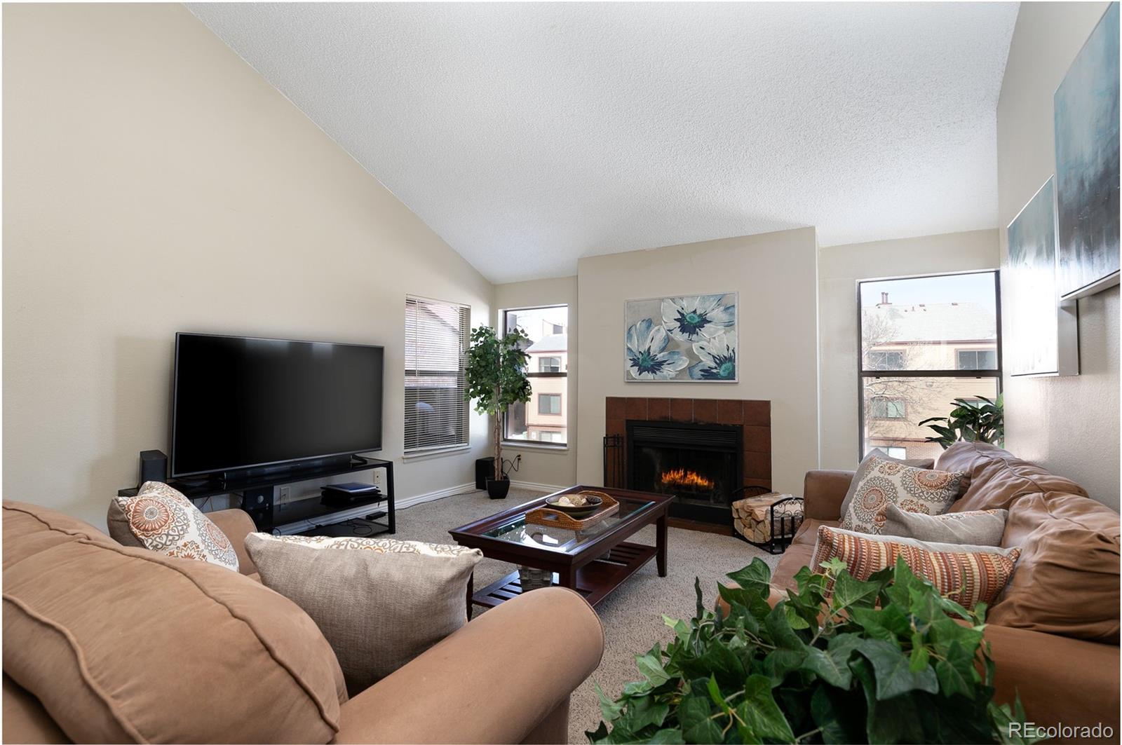 8741 Dawson Street, Unit 304 Denver, CO 80229 - Photo 5 of 27 a living room with furniture a fireplace and a flat screen tv