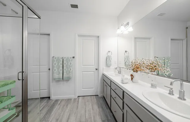 a bathroom with a double vanity sink mirror and shower