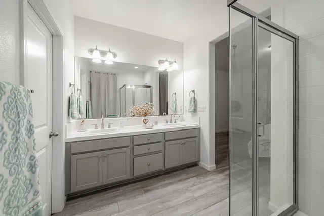 a bathroom with a double vanity sink mirror and double