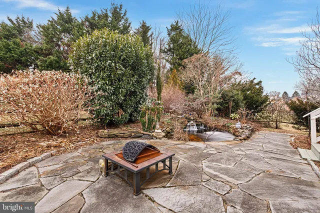 a view of a bench in a backyard