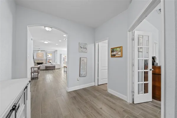 a view of a livingroom with wooden floor