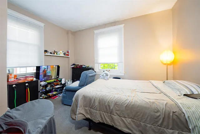 a bedroom with a bed and a tv