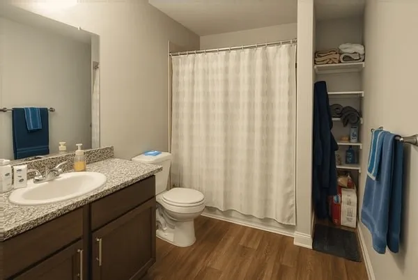 a bathroom with a granite countertop sink toilet and shower