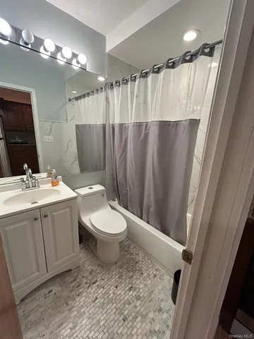 a bathroom with a sink a toilet a mirror and shower curtain
