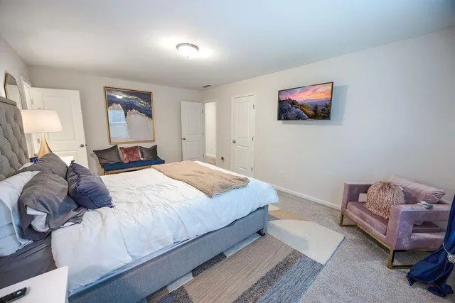 a bedroom with a bed and a couch