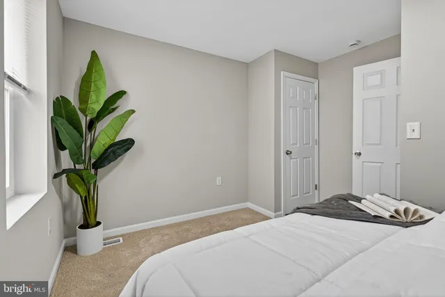 a bedroom with a bed a potted plant and a window