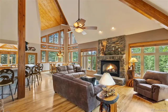 a living room with furniture a fireplace and a chandelier