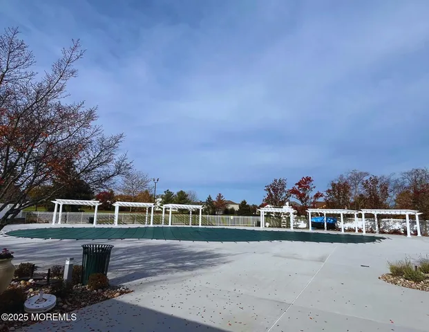 an outdoor space with seating