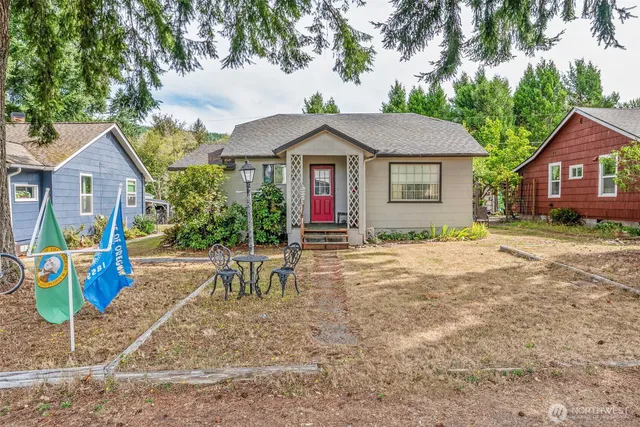 a front view of a house with patio