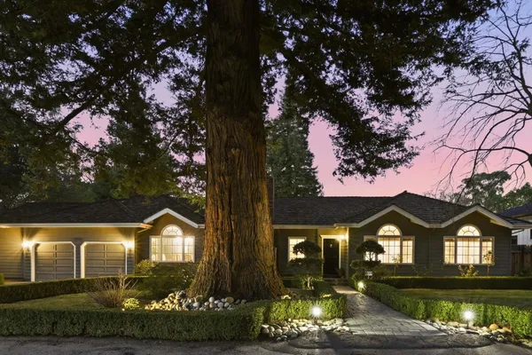 a front view of a house with a yard and tree s