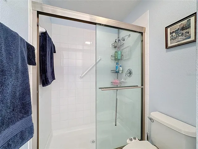 a bathroom with a shower a toilet a sink and mirror