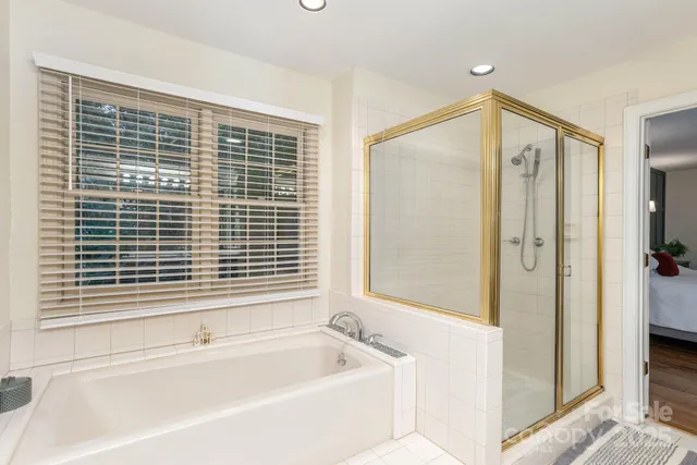 a bathroom with a bathtub and a shower