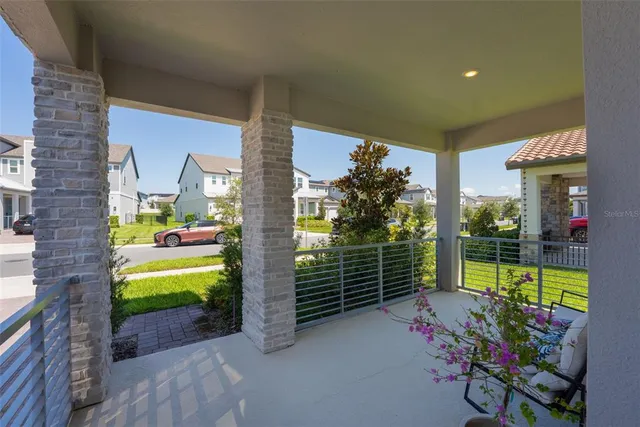 a garden view with a seating space