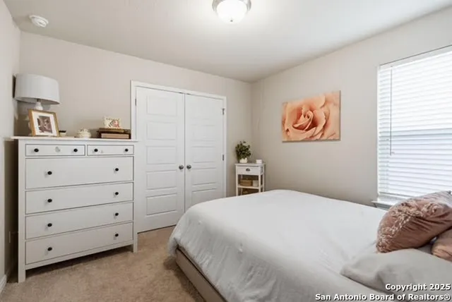 a bedroom with a bed and a closet