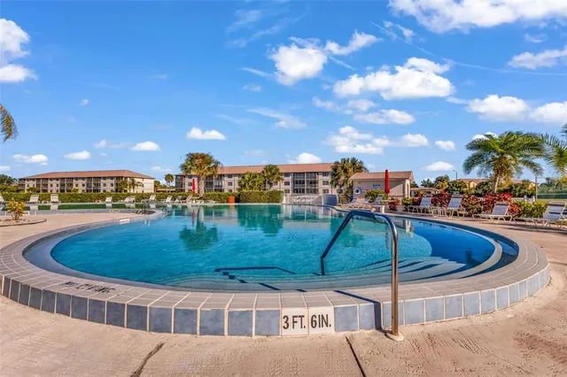 a view of a swimming pool with a patio