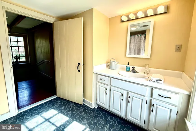 a bathroom with a sink a mirror and a shower