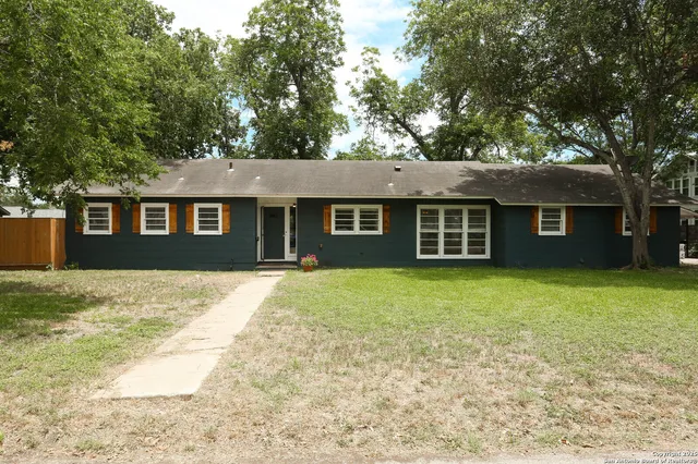 a view of a yard in front of a house with a large tree