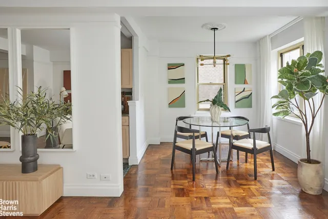 a dining room with furniture a potted plant and wooden floor