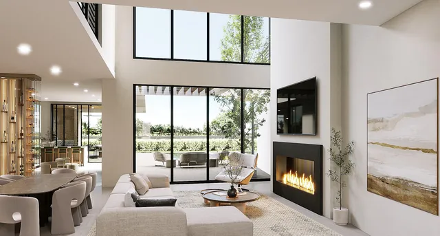 a living room with furniture a fireplace and a floor to ceiling window
