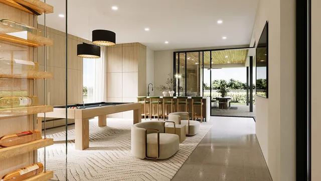 a lobby with furniture and floor to ceiling window