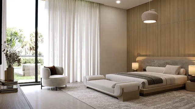 a bedroom with a bed and large windows