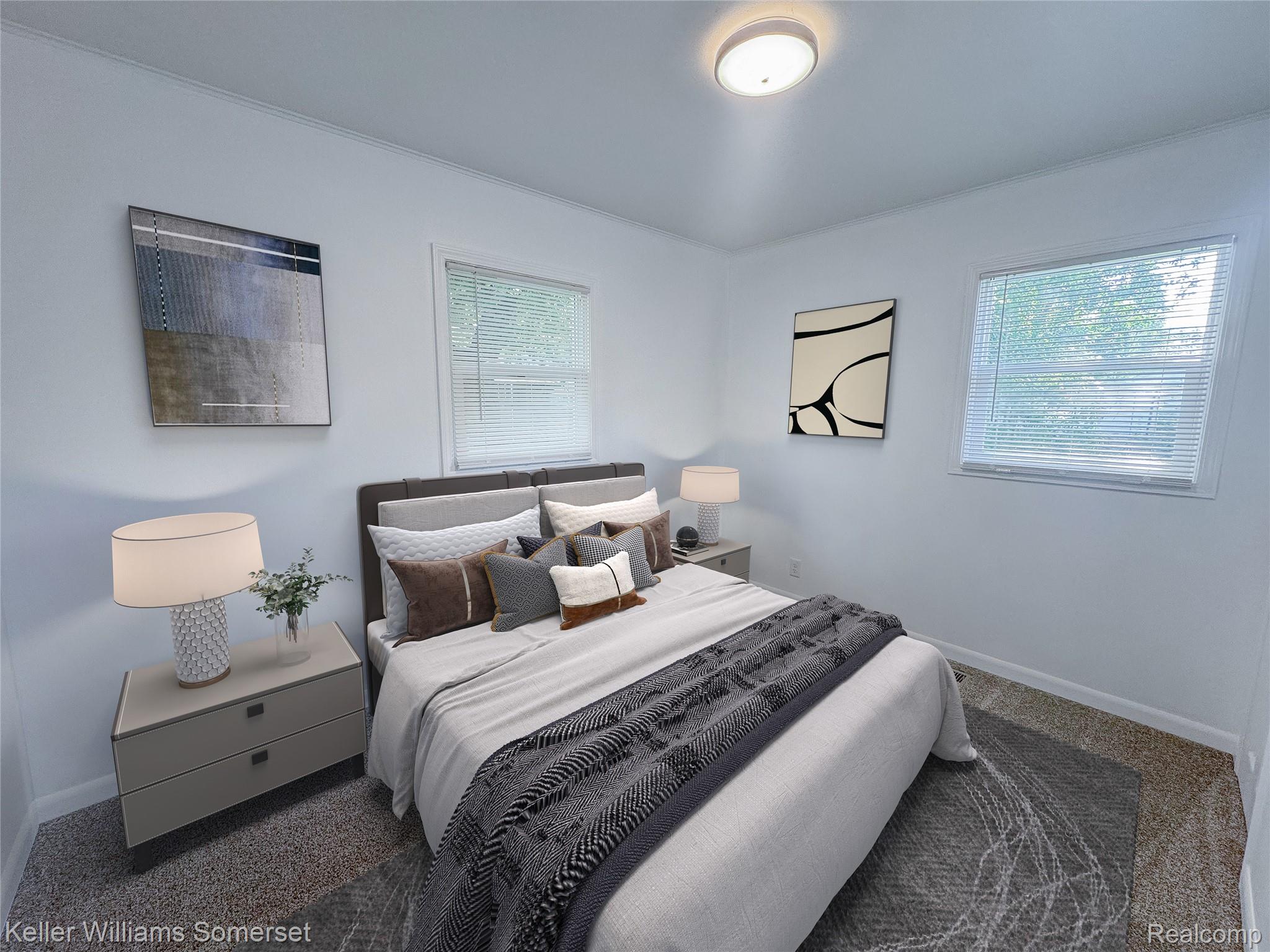 1821 Nazareth Road Kalamazoo, MI 49048 - Photo 10 of 20 Light-filled bedroom featuring two windows, neutral wall tones, textured carpeting, a flush-mount ceiling light fixture, and crown molding