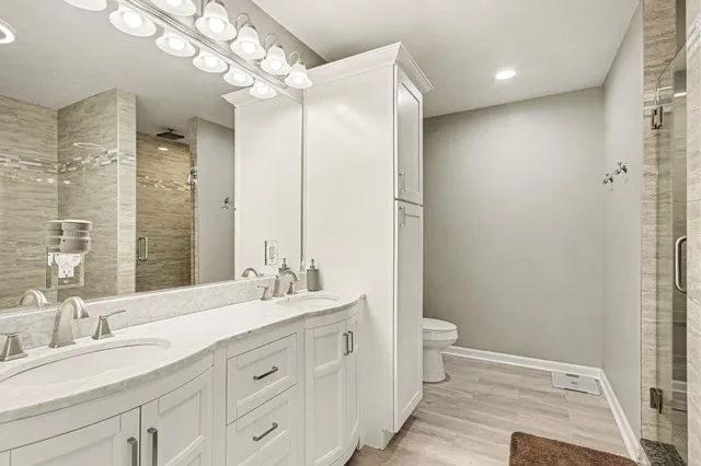 a bathroom with a double vanity sink mirror and toilet