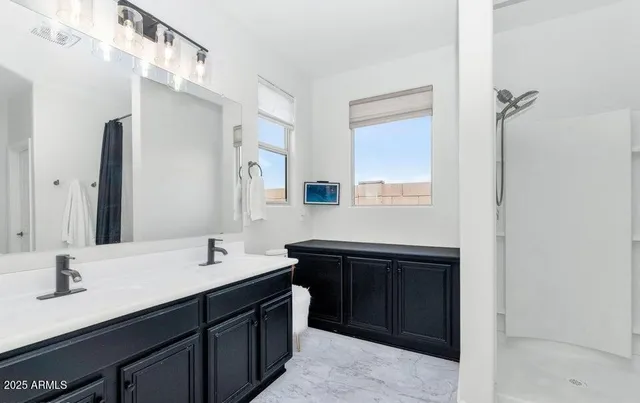 a bathroom with a sink double vanity and a mirror
