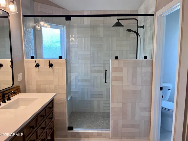 a bathroom with a granite countertop shower sink and mirror