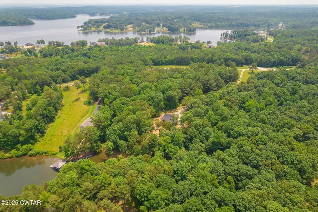 an aerial view of residential houses with outdoor space and trees all around
